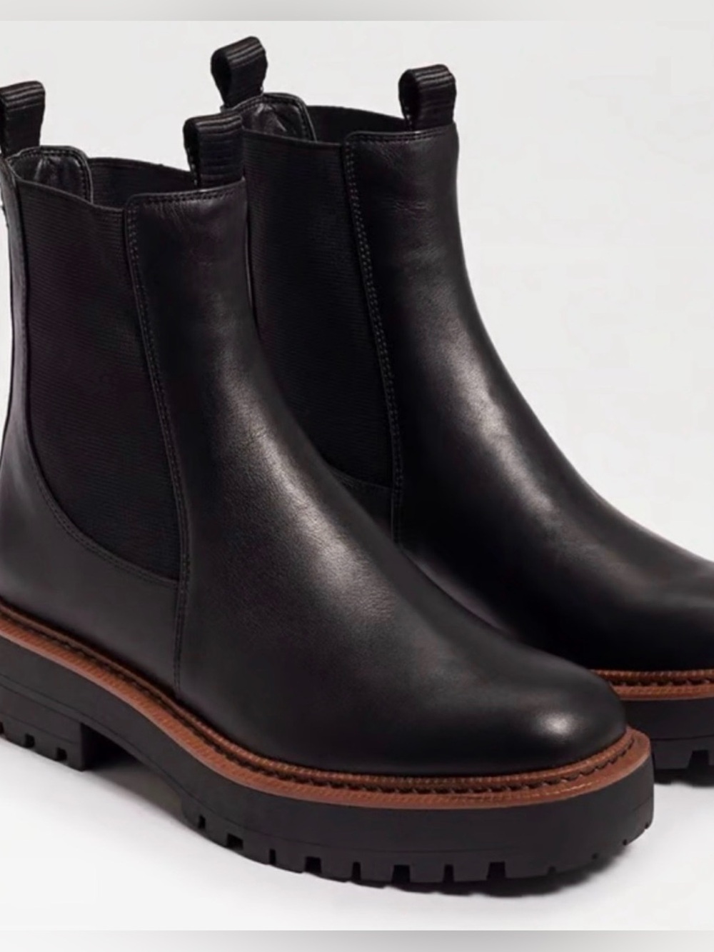 Sam Edelman Black Leather Chelsea Lug Booties with Brown Welt